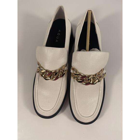 Aqua Lena Shoes Women's Size 9.5 Bone Lizard White Loafer Gold Chain New Boxed - Picture 7 of 10